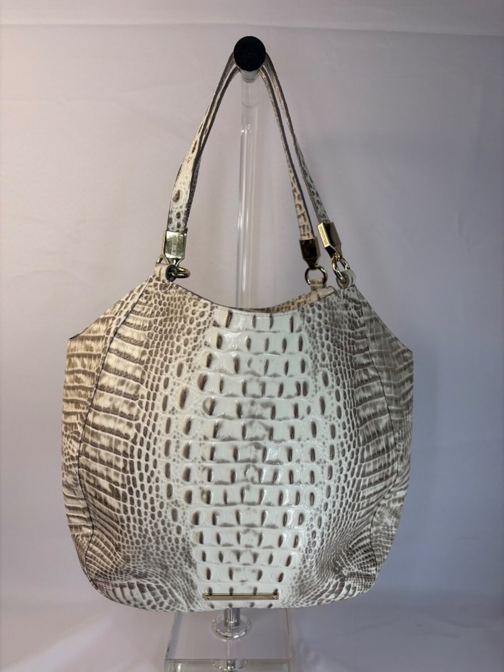Brahmin Marianna Leather Shoulder Bag Beige Croc Embossed Tote Gravel Melbourne
